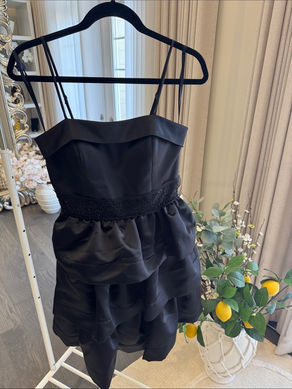 BCBG Black Ruffled Party Satin Dress